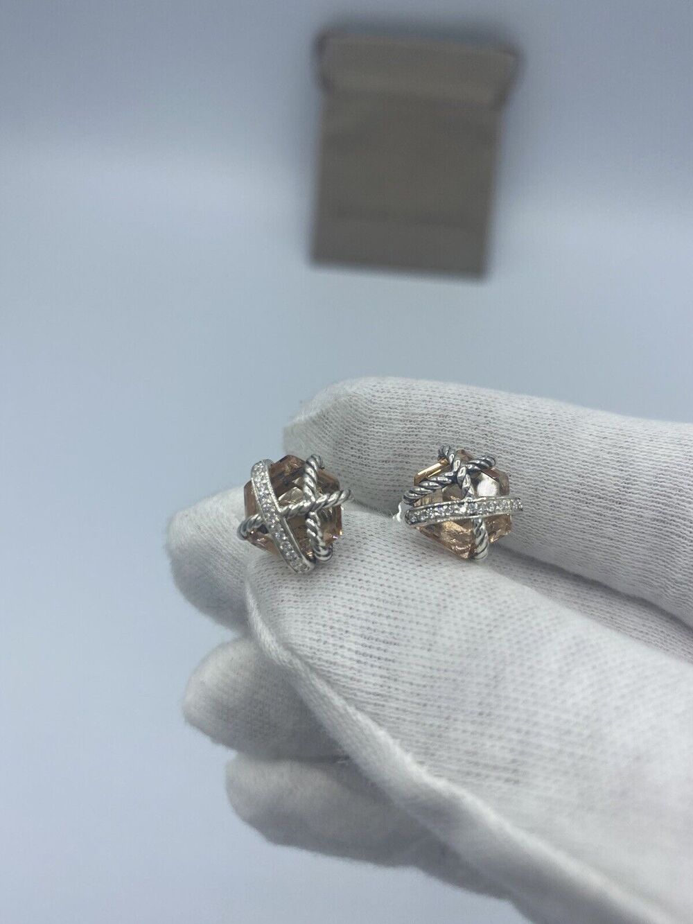 Authentic David Yurman 10mm Cable Wrap Stud Earrings with Morganite & Diamonds